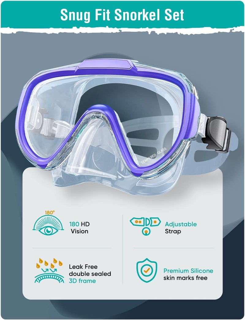 Seovediary Snorkel Set Adults Snorkeling Gear Anti-Fog Panoramic View Swim Mask Dry Top Snorkel Kit with Carry Bag for Snorkeling Scuba Diving Swimming Travel - Image 2